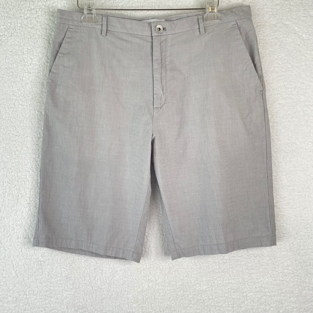 Calvin Klein Mens Grey White Micro Stripe Cotton Flat Front Shorts Size 36